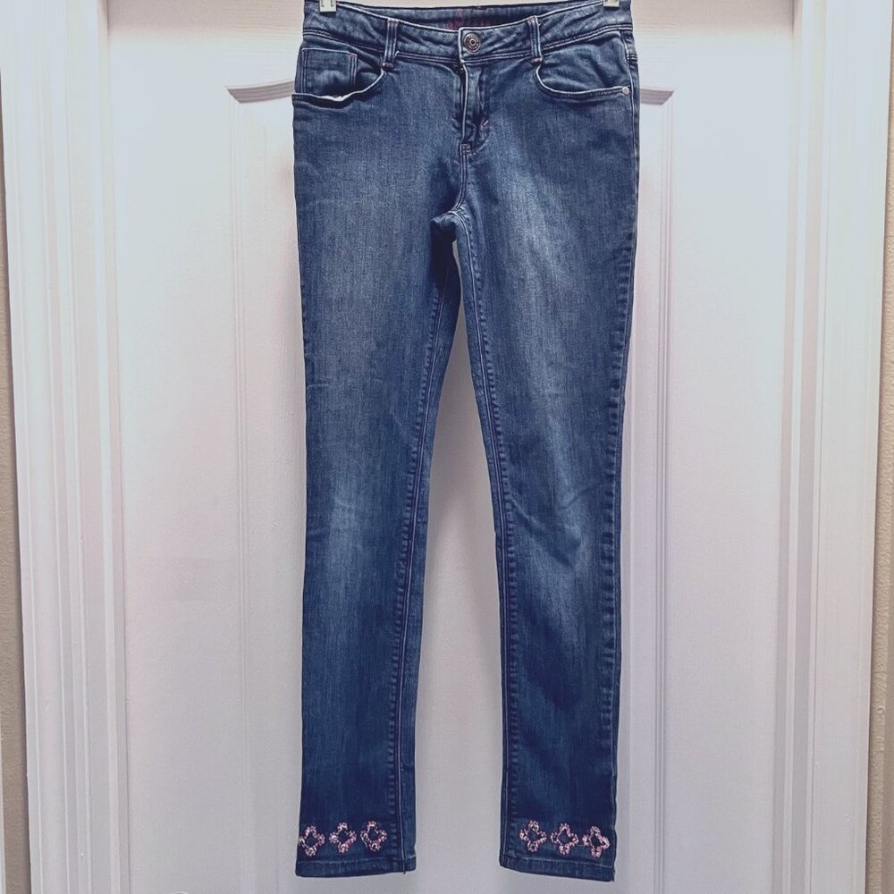 Gymboree-Girls Size 12-Skinny Jeans-Stretch-Embroidered Pink Flowers-Adjustable